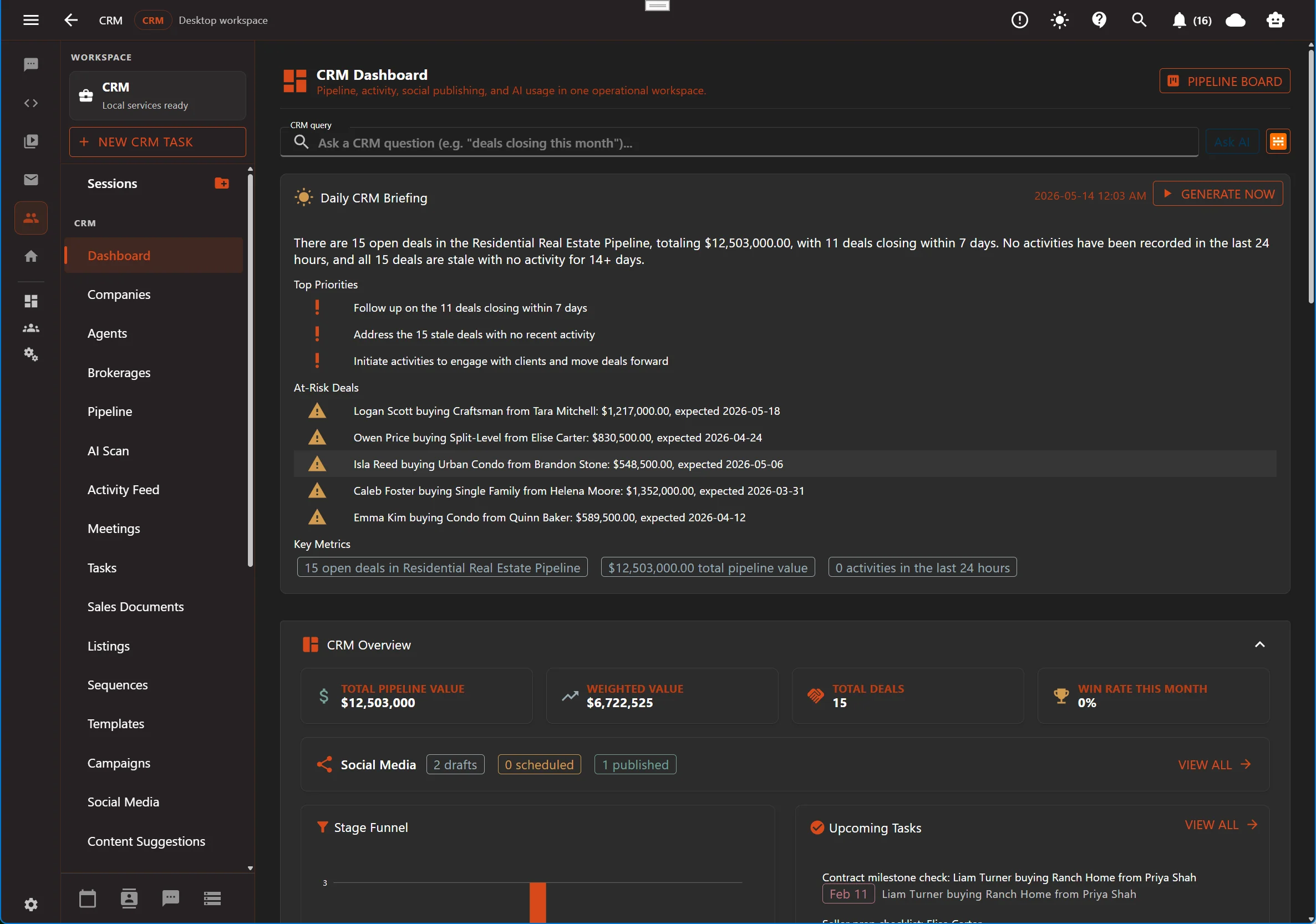 Aurynge CRM dashboard with briefing and pipeline metrics in dark mode