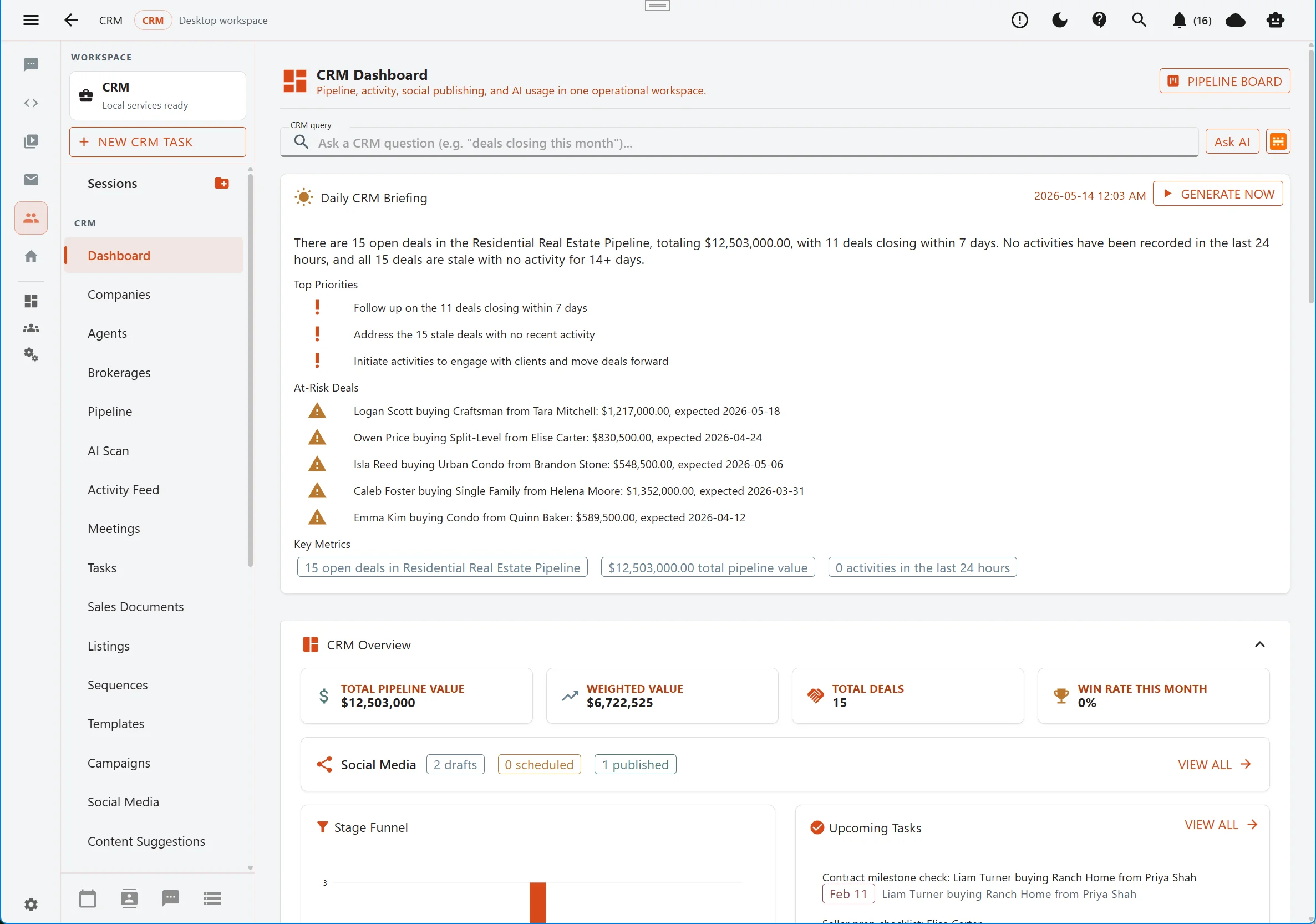 Aurynge CRM dashboard with briefing and pipeline metrics in light mode