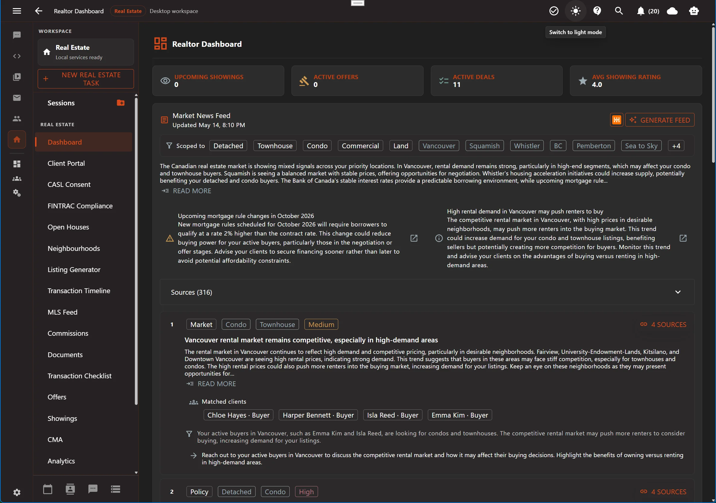 Aurynge priority workspace showing ranked client, deal, and market actions in dark mode