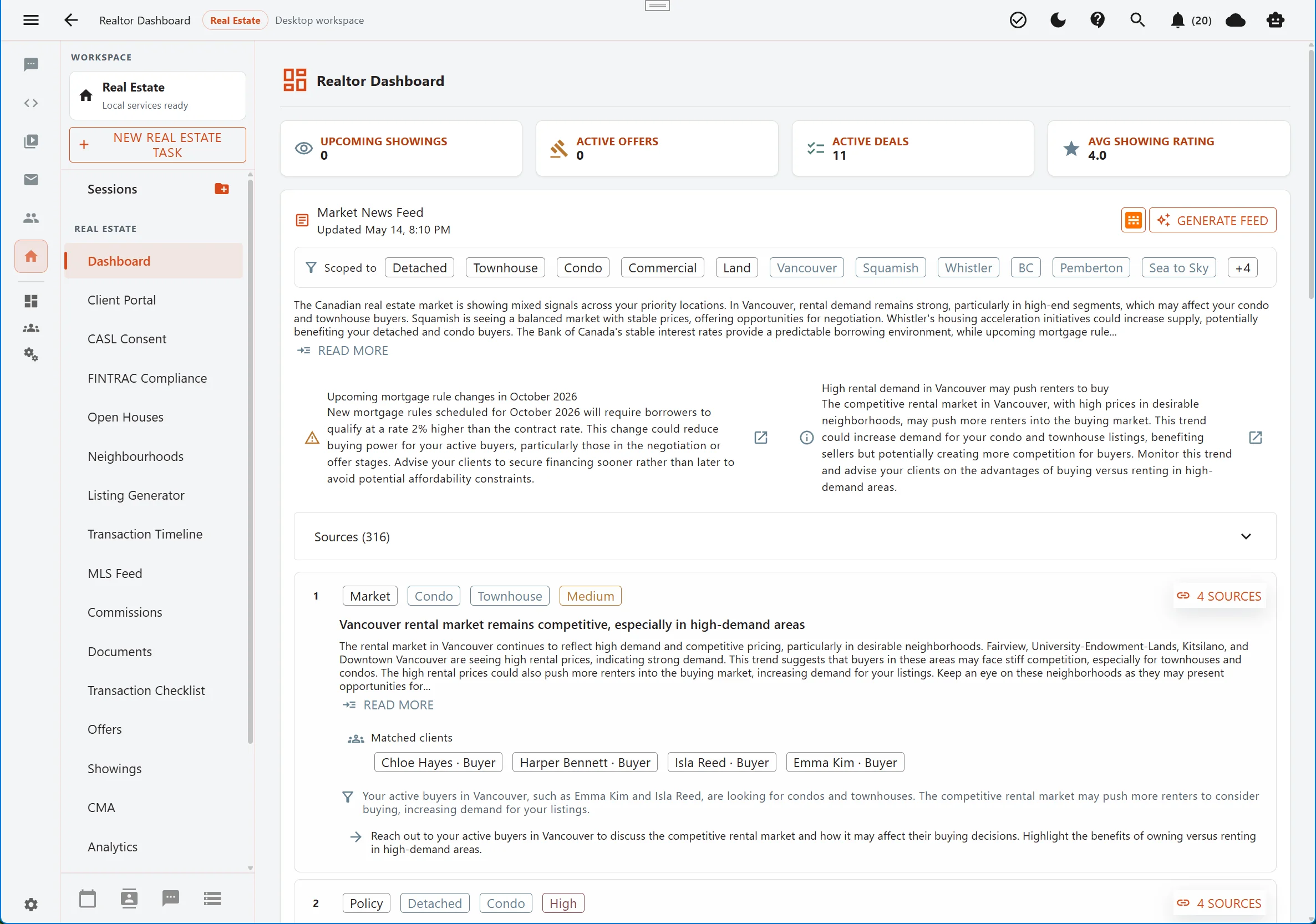 Aurynge priority workspace showing ranked client, deal, and market actions in light mode