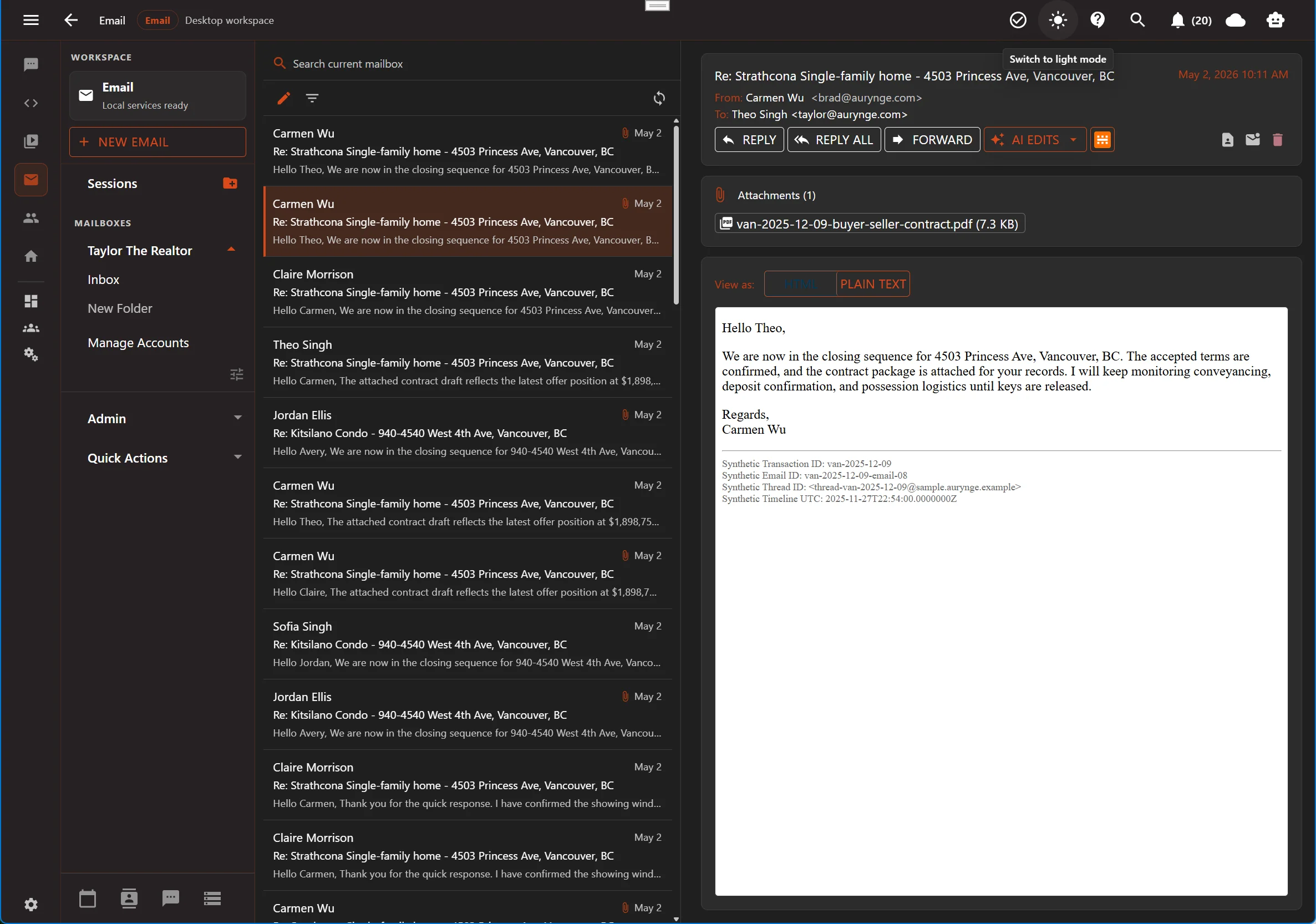 Aurynge email workspace in dark mode