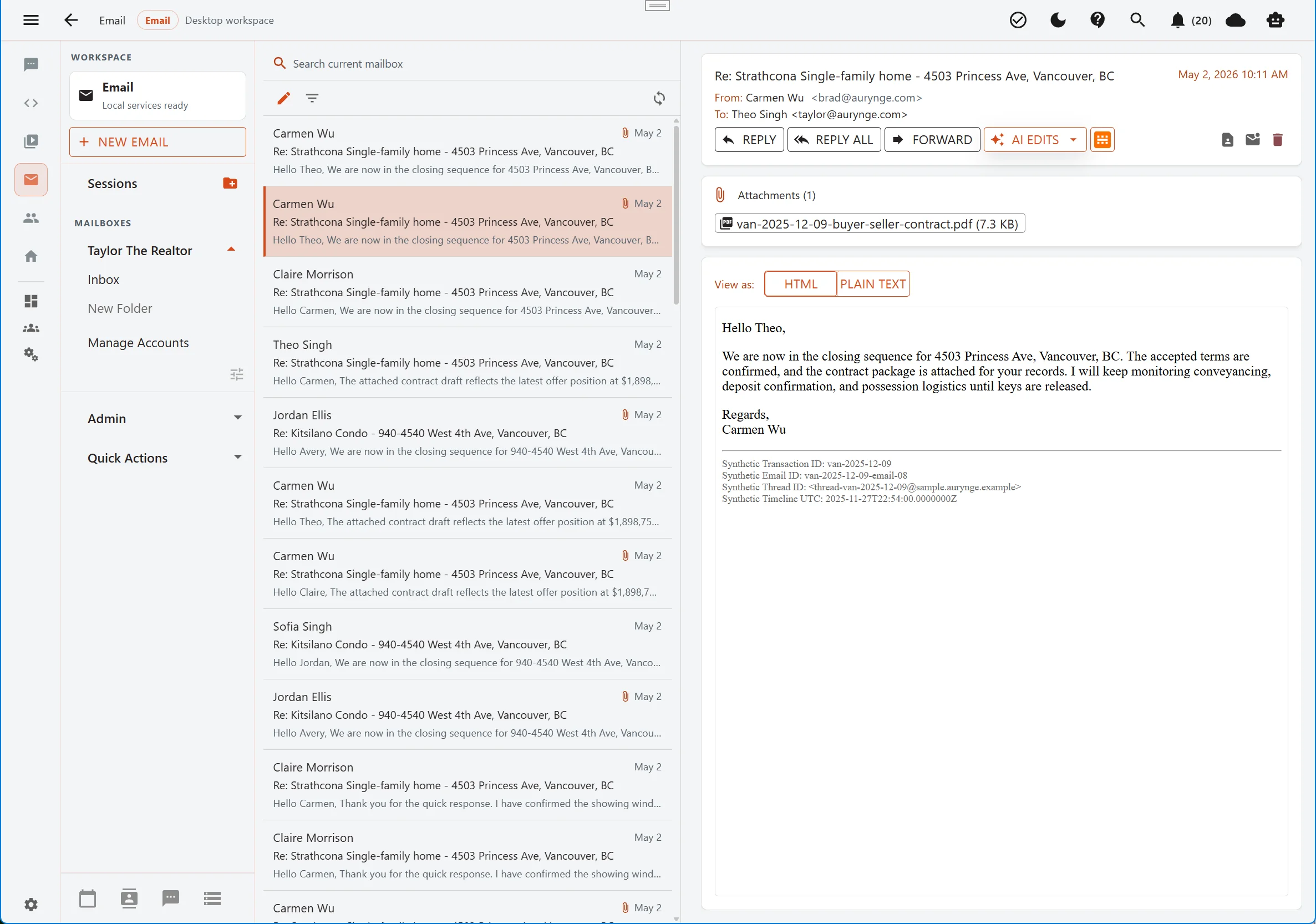 Aurynge email workspace in light mode